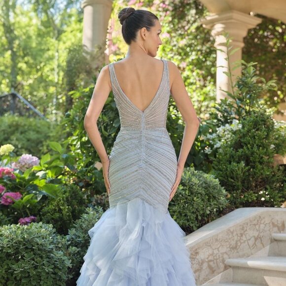 New Blush Sleeveless Evening Gown w/ Ruffled Skirt &  Beaded Design CD A1493 - Picture 5 of 10